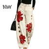 High Rise Trousers Women Waisted Wide Leg Jeans, Vintage Floral Print Faux Denim Jeans Trousers, Loose Fit Casual Pants with Pockets & Metal