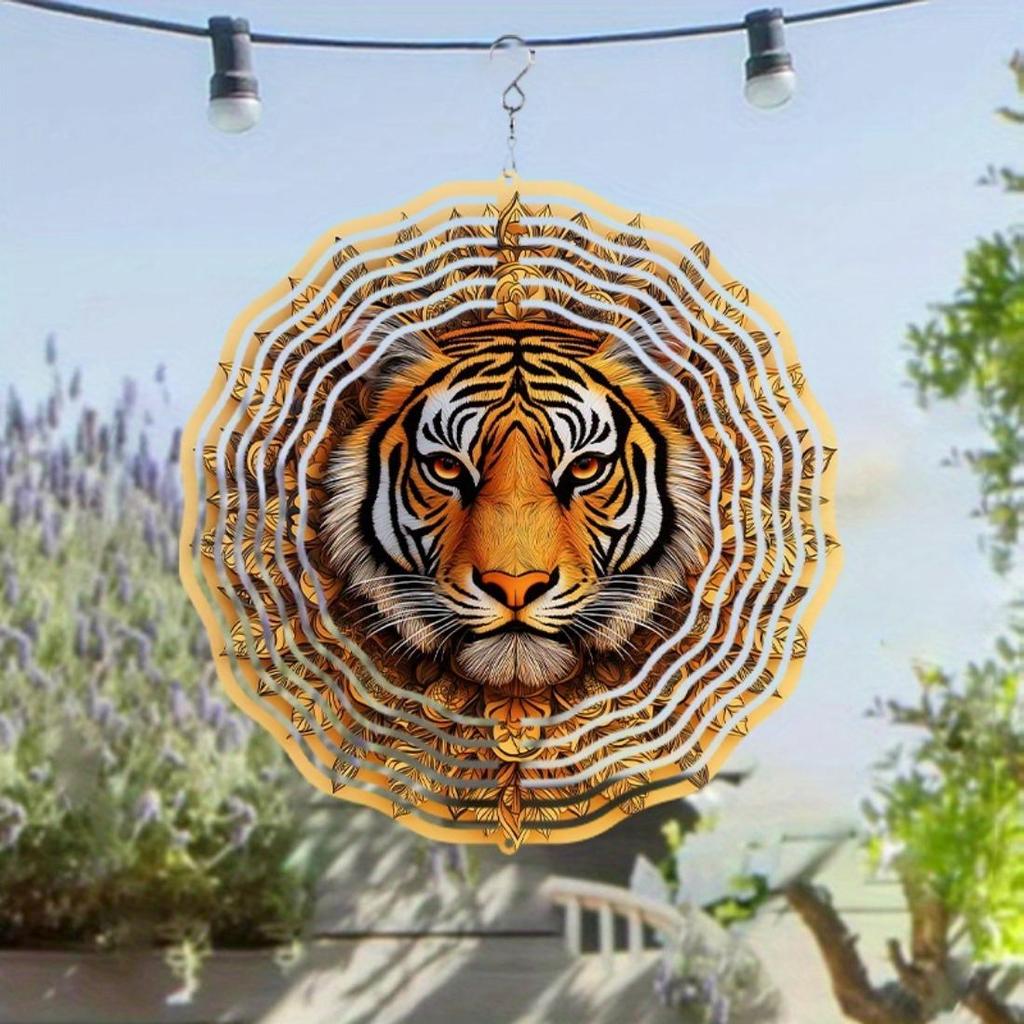 Tiger Metal Wind Chime for Outdoor Decor 360° Rotating Hook 10 Inch Handmade Garden Balcony Gift Dynamic Sculpture Effect No Battery Neede
