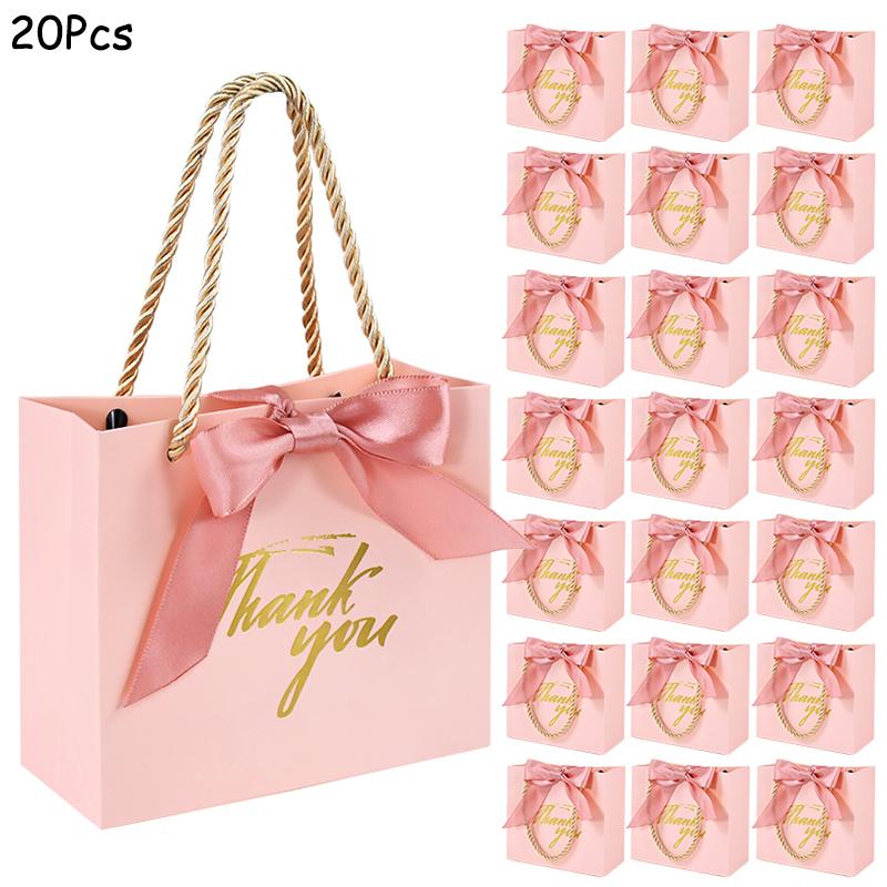 

20/30/50pcs Thank You Gift Bags Reusable Paper Party Bags with Handles Gold Bow Ribbon Mini Pink Party Favor Bags for Birthday 14x12x6cm