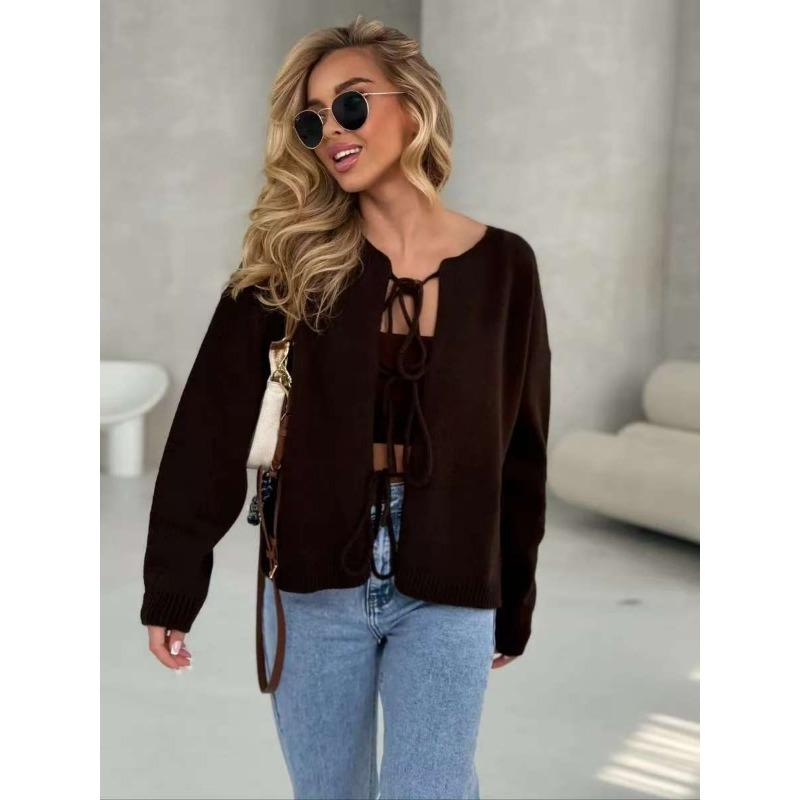 Women S Loose Knit Long Sleeve Round Neck Tie Cardigan Sweater