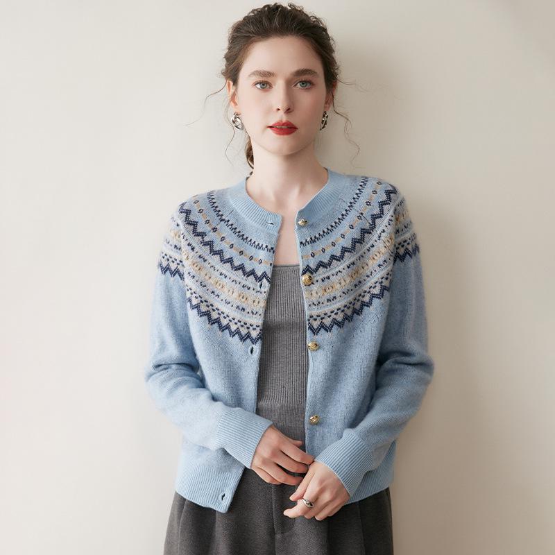 Women's Retro Fair Isle Cashmere Cardigan - Soft Long Sleeve Wool Sweater with Round Neck