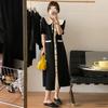 French Style Peter Pan Collar Dresses Women's Fashion Drawstring Summer Single-breasted A-Line Basic Pockets Long Dress