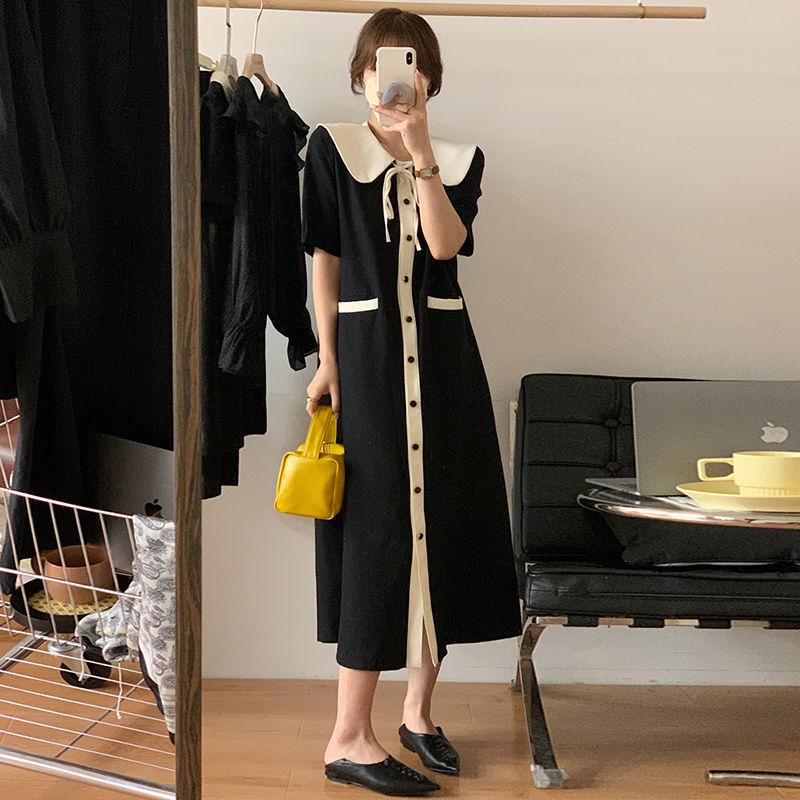 French Style Peter Pan Collar Dresses Women's Fashion Drawstring Summer Single-breasted A-Line Basic Pockets Long Dress