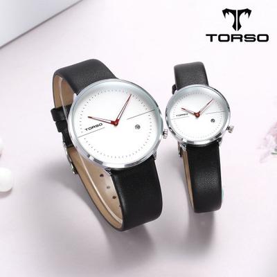 TORSO Silent Two-Hands Simple Date Couple Leather Watch T77L-SRBK