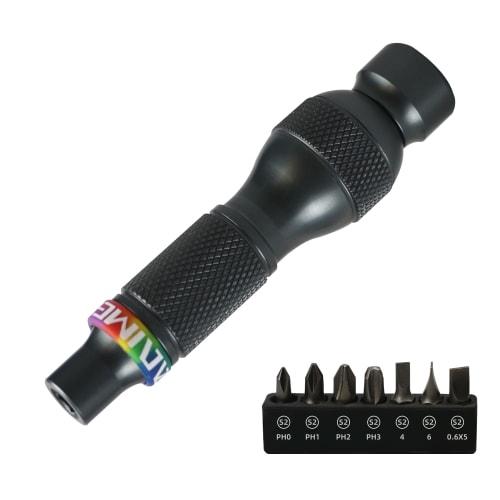 Carimee 7-in-1 Ratchet Driver with 7 Replacement Bits (PH0/PH1/PH2/PH3/S/4/6/0.6X5), Aluminum Alloy, Magnetic Bearing, Auto-Lock, 6.35mm (1/4-inch Com