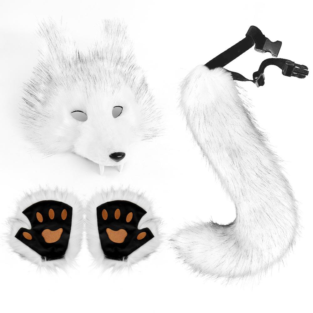 Simulated Wolf Mask Tail Paw Cosplay Costume Animal Wolf Tail Ears Paw Sets Accessories Halloween Party Costumes