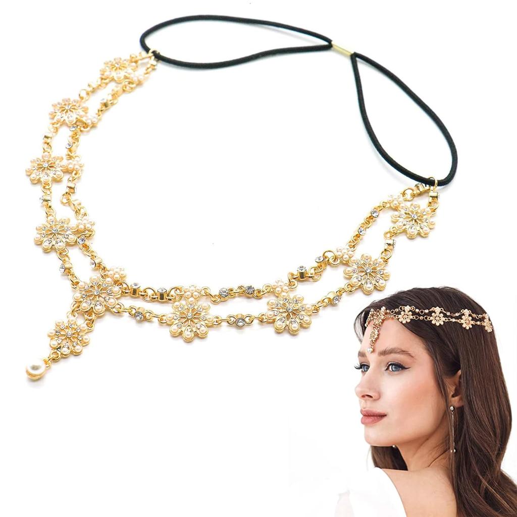 Theshai Gold Head Chain for Women Jewelry Headband Crystal Bohemian, Hair Accessories with Peal Women Head Chains Tassel Forehead Chain Festival Prom