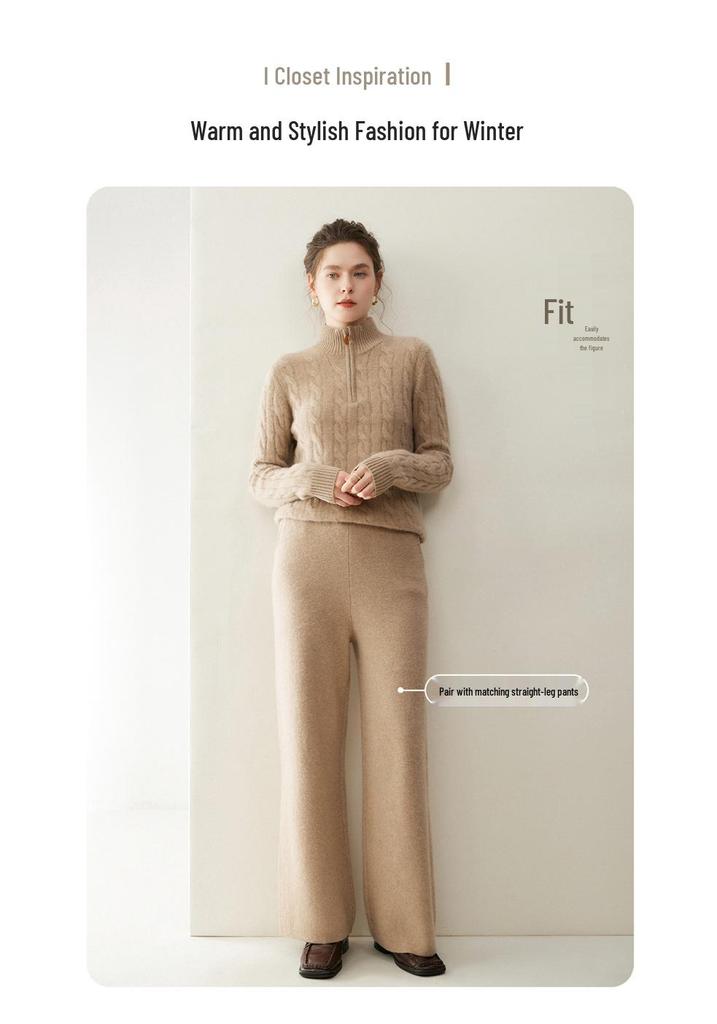 Women's Cashmere Knit Base Layer: Korean Style, Semi-High Neck, Long Sleeves, Half-Zip, Full Body Cable Knit Design. Fashionable & Versatile.