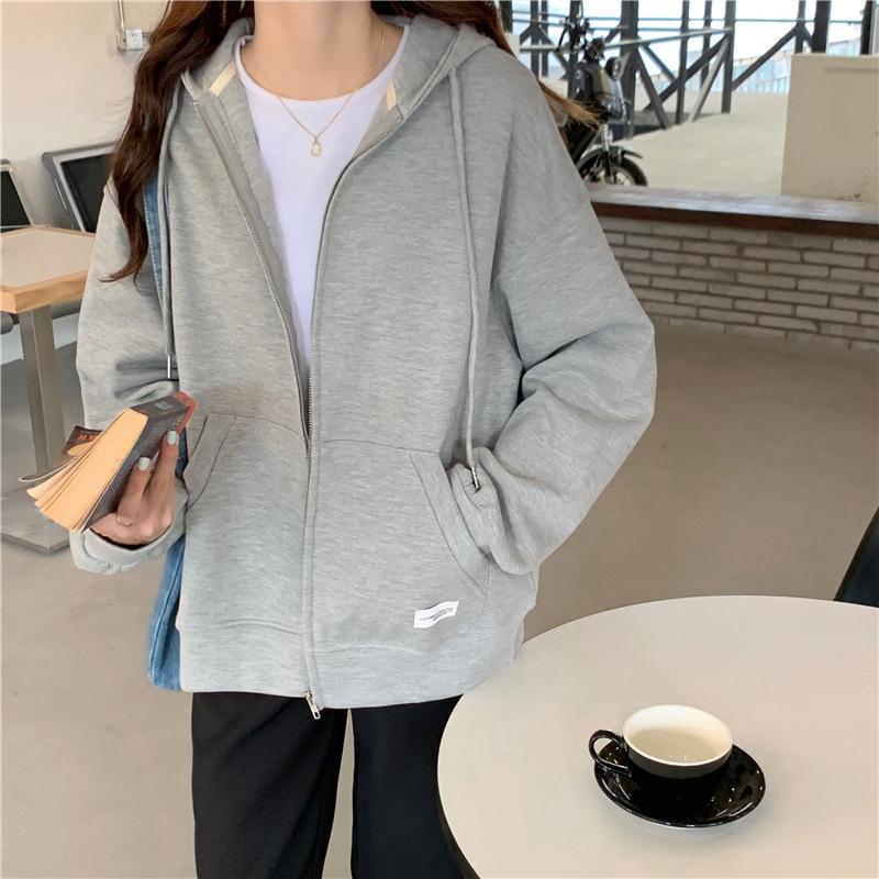 Spring and Autumn Loose Zipper Long-sleeved Cardigan Jacket Women Solid Color Hooded Sweater Students Cardigan Small Jacket