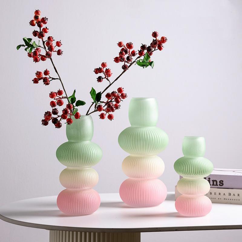 Glass Vase Pebble Geometric Striped Gradient Colored Flowerpot Flower Vase Terrarium Home Decoration Accessories