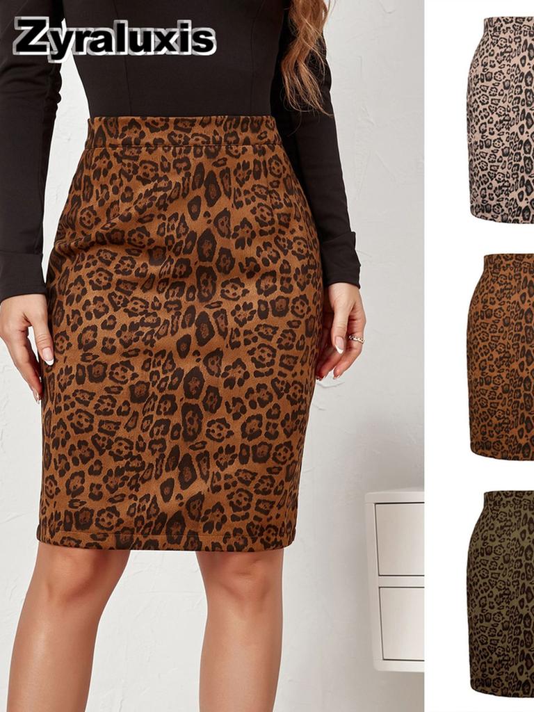 Women's Leopard Print Faux Suede Midi Skirt with High Waist and Floral Print for Fall Winter Season