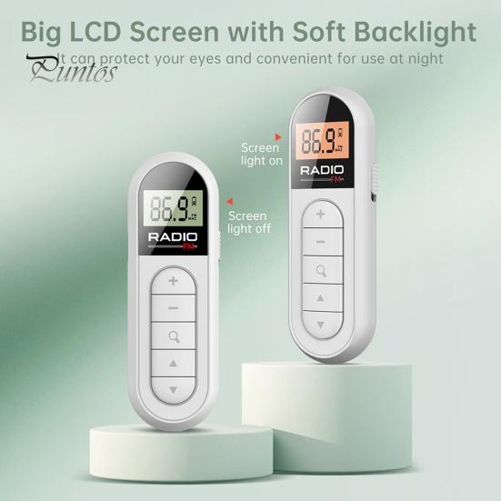 Mini-FM-Radio mit Taschenclip, LCD-Display mit Hintergrundbeleuchtung und 3,5-mm-Kopfhörer, einstellbarer Frequenz, DSP-Filterchip