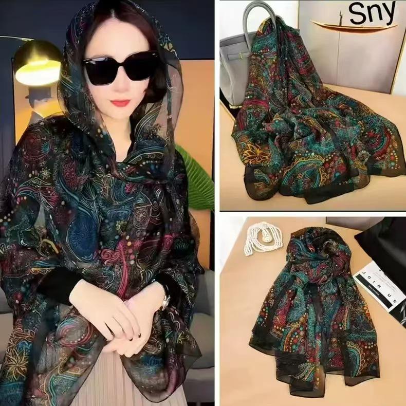 Classic Floral Silk Gauze Scarf - Versatile, Lightweight Sun Protection Shawl for Women, Ideal for Spring, Summer, and Autumn