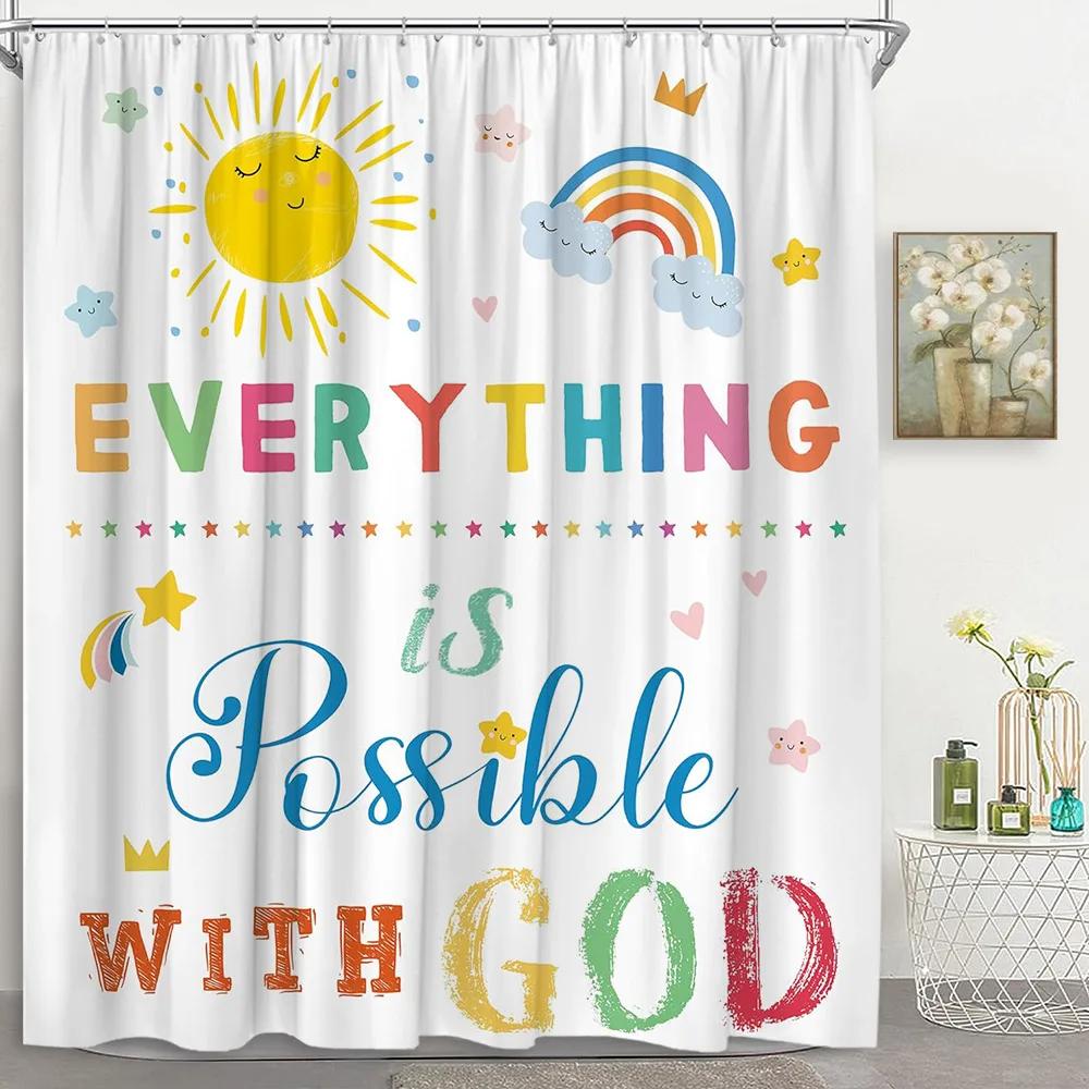 Kids Rainbow Shower Curtain Cartoon Cute Stars Clouds Love Inspirational Quotes Flower Boy Girl Polyester Bathroom Decor Curtain