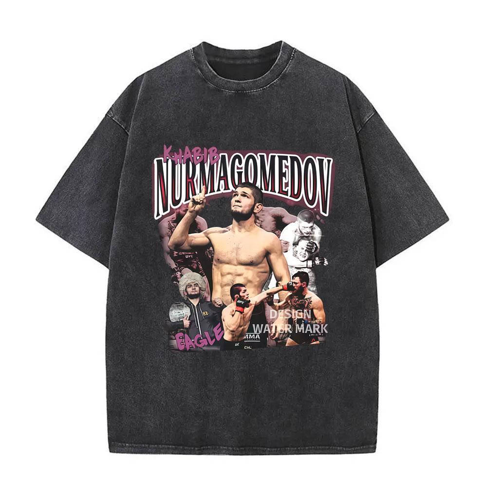 Russian Fighter Khabib The Eagle Vintage Washed T Shirt Men Boxing Fitness Gym Oversized Tshirt Male Casual Retro Cotton TShirt S