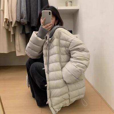 Autumn and Winter White Duck Down Knitted Hat Down Jacket Women's Medium and Long New Loose Casual Warm Jacket