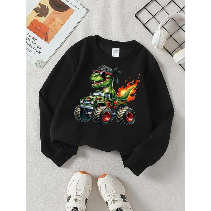 European sizes Dinosaur Monster Truck Fire Bandana Glasses Girls' Crewneck Sweatshirt, Autumn Winter Western Top, Long Sleeved Casual.