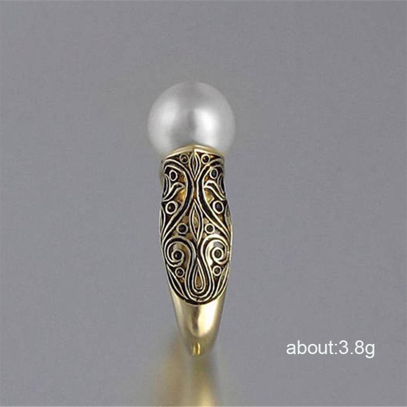 Inlaid With Delicate Synthetic Pearl Women'S Ring, Retro-Style Jewelry Plated With 14K Gold