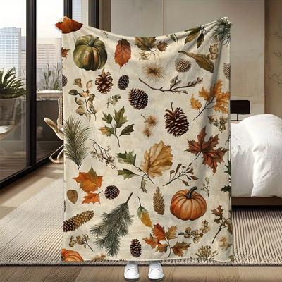 1pc Cozy Flannel Throw Blanket with Autumn Leaves & Pumpkin Design - Soft Warm and Perfect for Sofa Naps