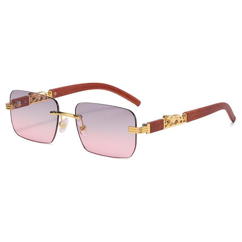 Gafas de Sol Cuadradas Vintage Sin Montura Mujer Hombre Lujo Populares Viaje Conducir Metal Cabeza de Leopardo Gafas de Sol UV400
