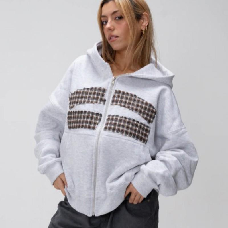 Winter Harajuku Patchwork Zip Hoodie Loose Streetwear Men Women