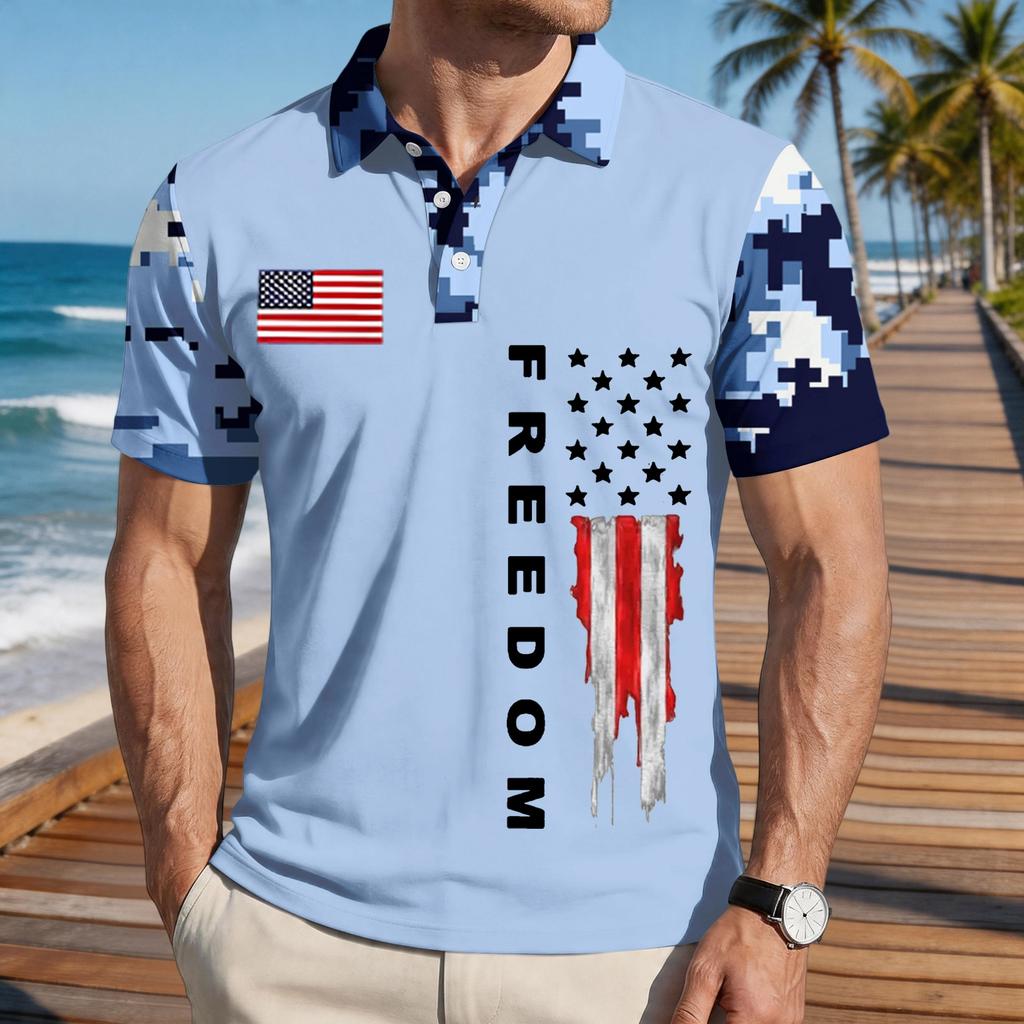 Men's Loose Fit Casual Polo Shirt Short Sleeve Button Down Collar Printed Graphic Tee with Flag Design and Freedom Text