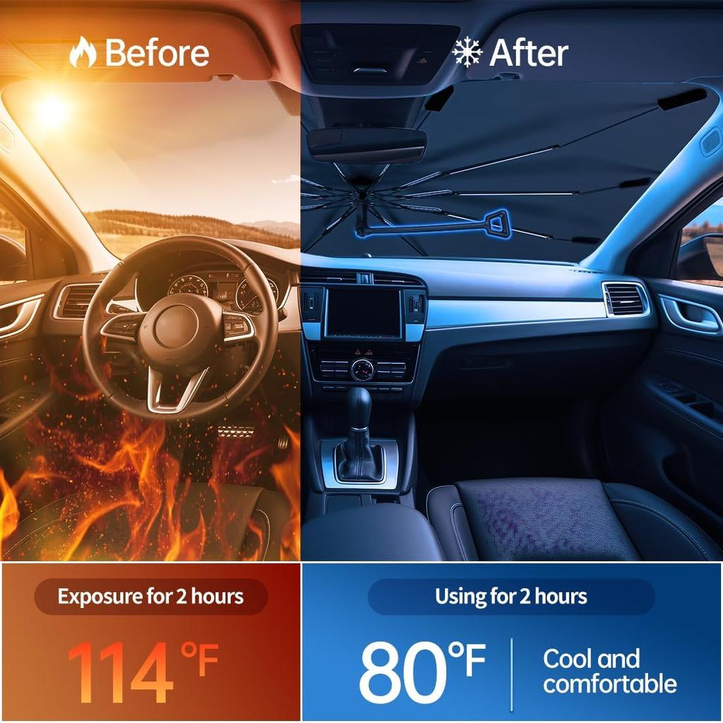 2024 Auto-Sonnenschutz für Windschutzscheibe mit 360° Anti-Kratz-Griff, Faltbarer Auto-Regenschirm Sonnenschutzabdeckung, Windschutzscheiben-Sonnenschutz passend für Limousine SUV