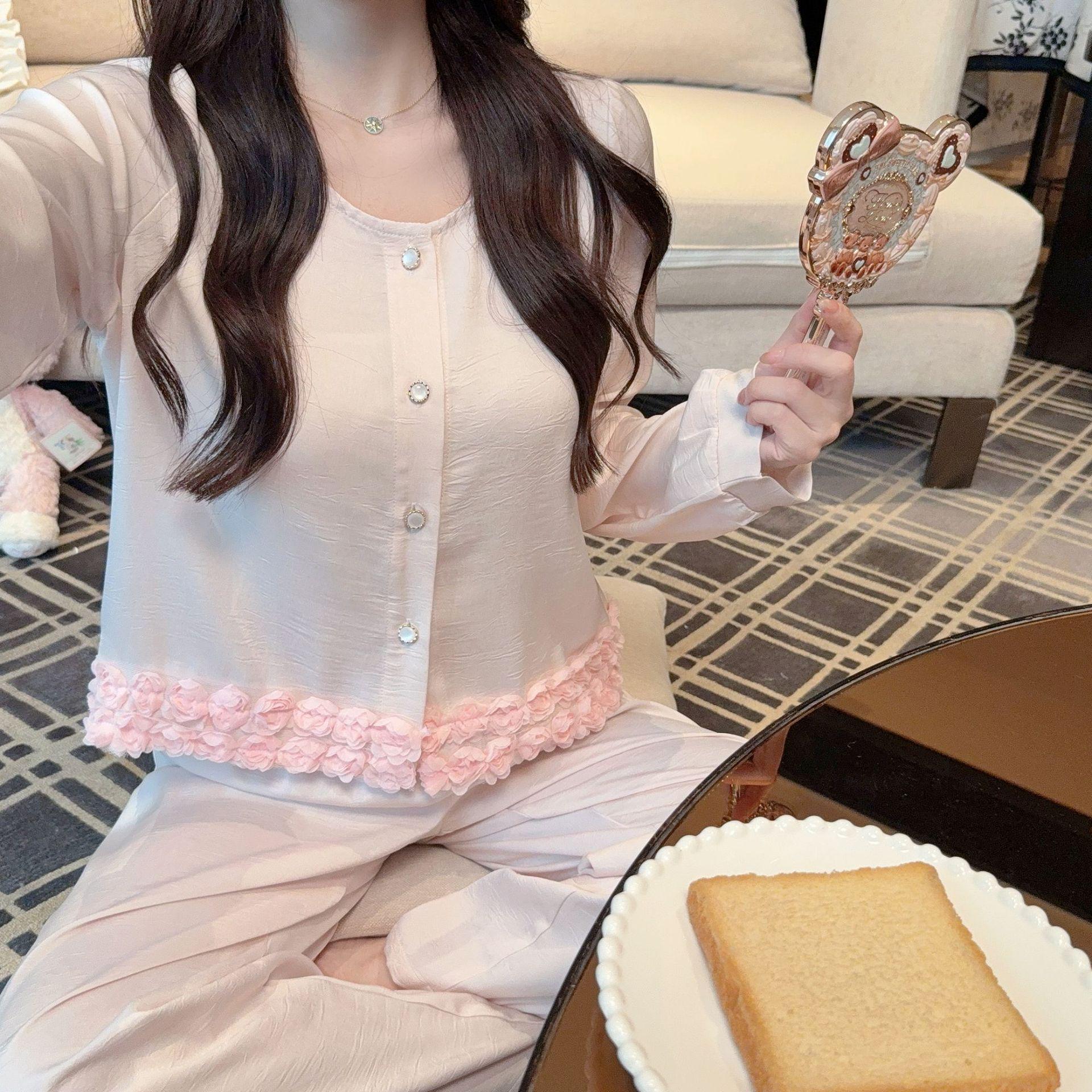 Женский розовый шелковый пижамный комплект с цветочным принтом для осени/зимы - Милый, очаровательный и подходит для улицы. L