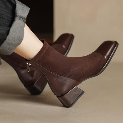 Fashion Women Fashion Square Toe Chunky Heel Short Boots New Autumn Winter Concise Elastic Skinny High Heels Shoes Zapatos De Mujer