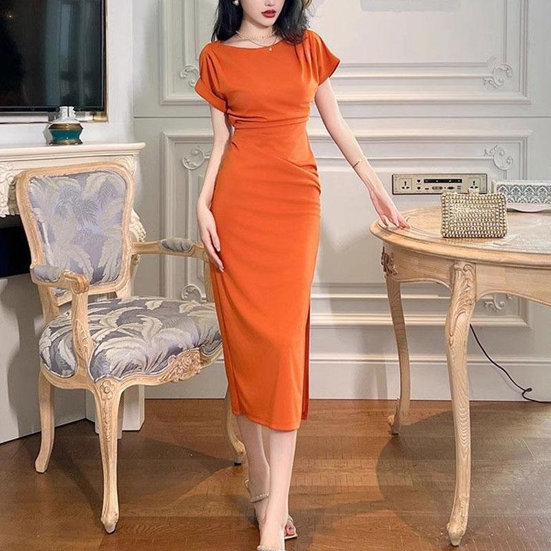 Commute Elegant Slash Neck Dresses French Style Slim Folds Women's Solid Color Summer Waist Solid Color Midi Dress New