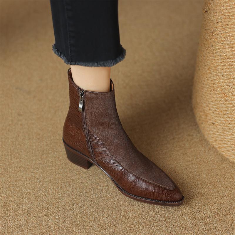 Fashion 2024 Autumn Horsehair Women Boots Pointed Toe Chunky Heel Shoes for Women Winter Short Boots Concise Women Boots Genuine Leather