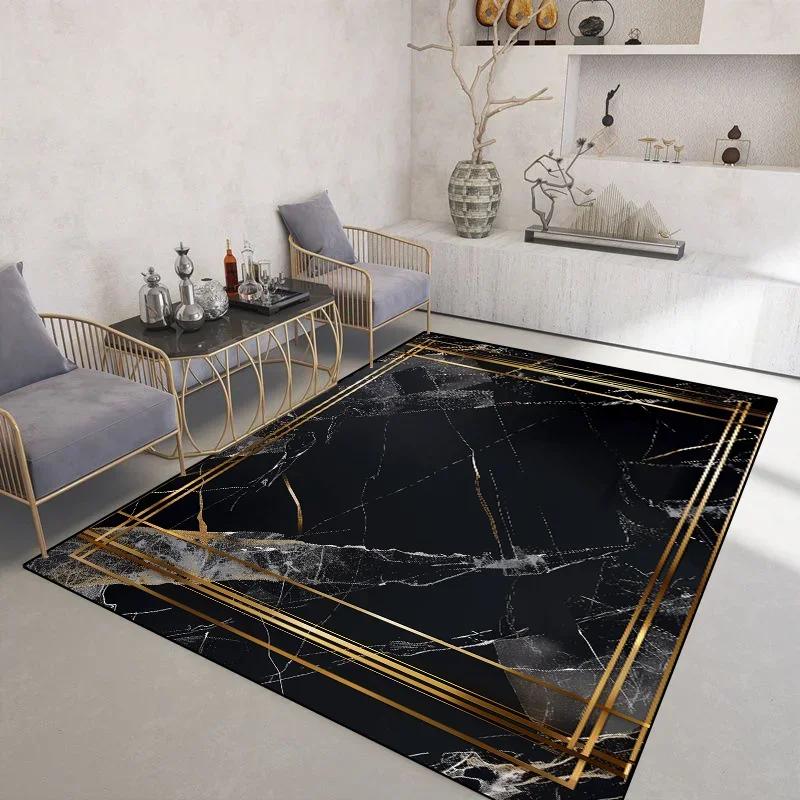 

Light Luxury Black Gold Rugs for Living Room Marble Style Decoration Coffee Tables Carpet Non-slip Bedroom Soft Mats Washable 60*90cm