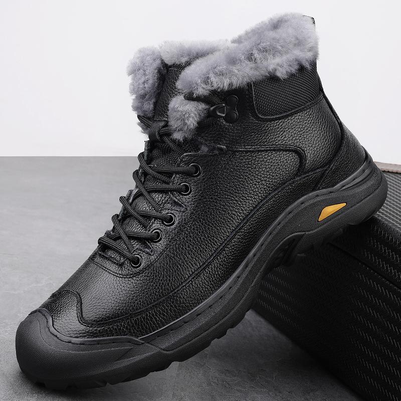 Non-Slip Men Lace-Up High Top Shoes New Genuine Leather Casual Shoes Man Motorcycle Boots Fashion Hiking Winter Plush Snow Botas