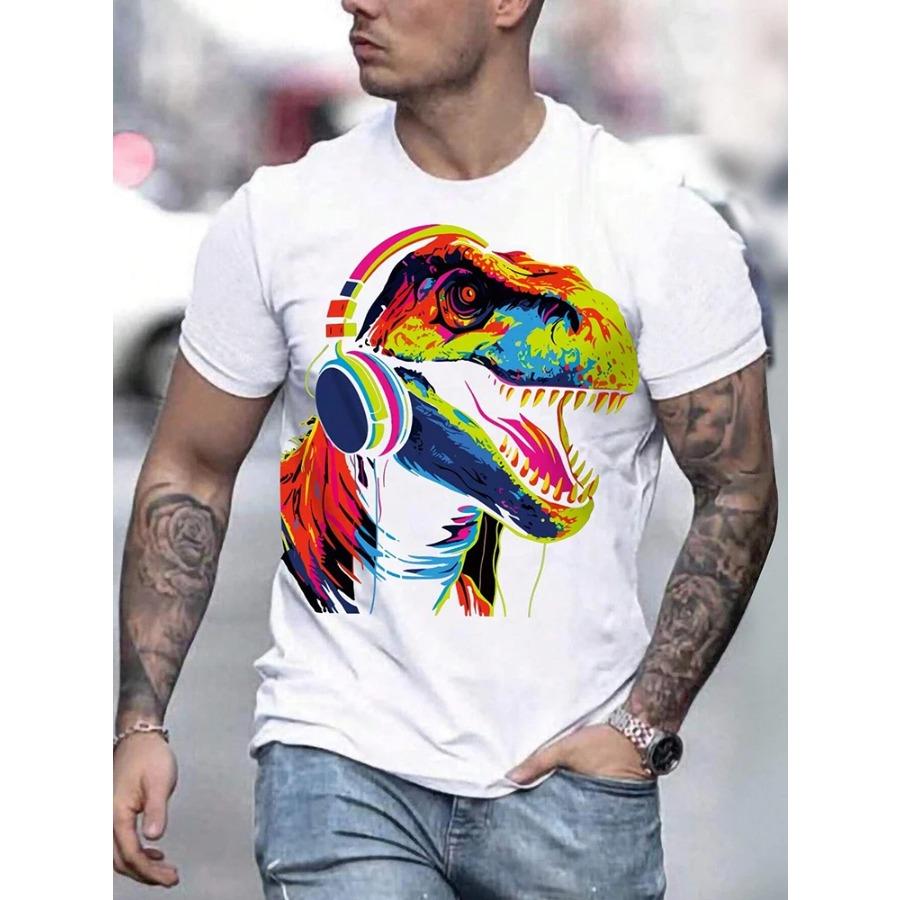Sommer Urban Fashion Herren T-Shirt Täglich Casual Kurzarm Top Outdoor Street Komfort T-Shirt Buntes Dinosaurier-Print T-Shirt