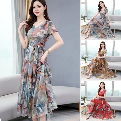 Women Party Dress Luxuriant Floral Print A-line Big Swing Lace-up Tight Waist V Neck Retro Ice Silk Pleated Prom Evening Dress Maxi Dress