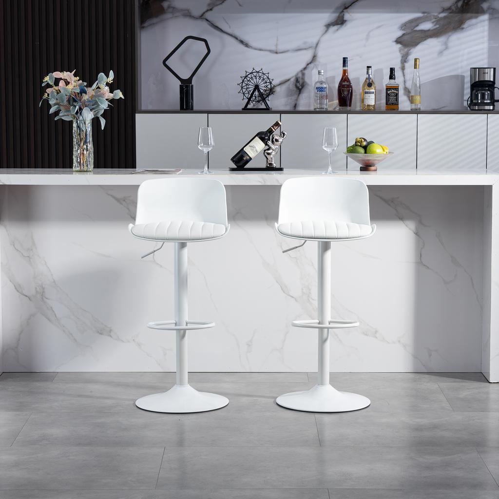 Modern Adjustable Swivel Bar Stools Set of 2, Plastic Backrest & Faux Leather Seat, Gas Lift Height, Metal Base with Footrest, Kitchen Counter
