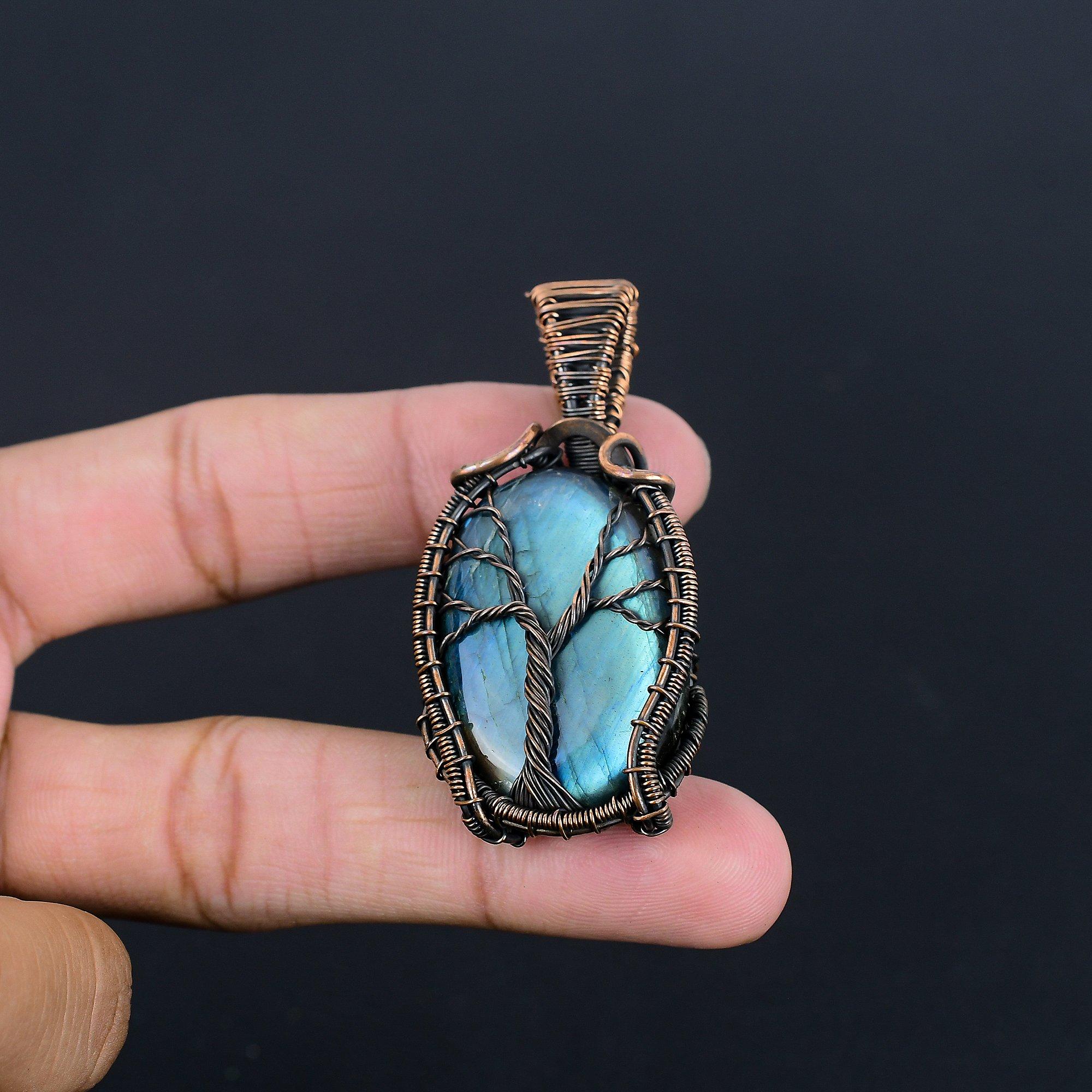 

Labradorite Pendant, Handmade Gemstone 999 Copper Wire Wrapped Antique Jewelry, For Gift Silver Jewelry 2.55 Inches