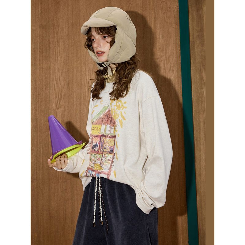 Coolhut2025 Autum Women's Graffiti Cartoon American Simple Drawing Casual Loose Versatile Round Neck Long-Sleeved T-Shirt