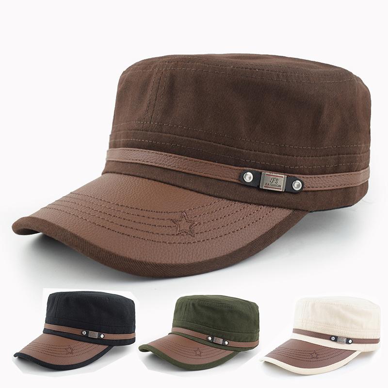 1Pcs Spring Summer Adjustable Men Military Cadet Cap Cotton Star Embroidery Flat Top Hat Sun Protection Hats For Outdoor Travel