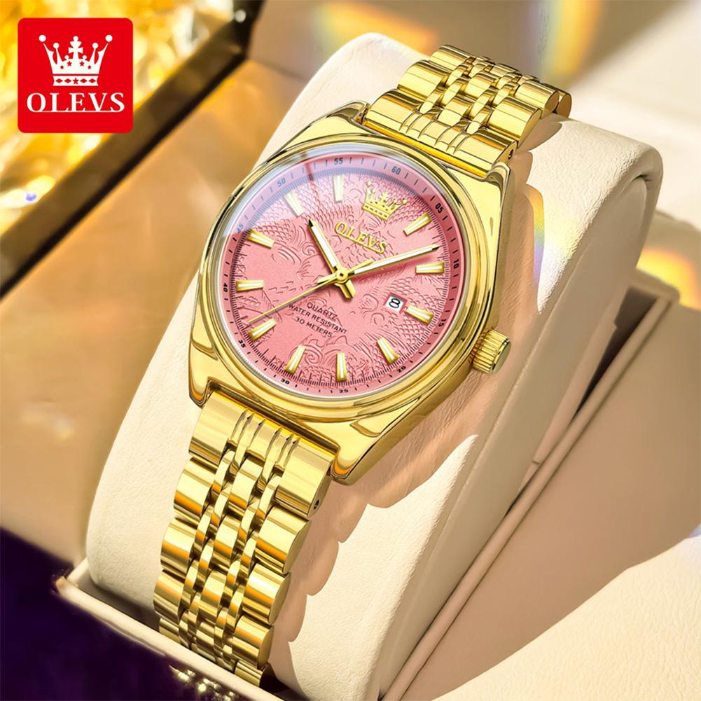 OLEVS Women's Watches Elegant Fashion Stainless Steel Original Brand Quartz Wristwatch for Lady Waterproof Luminous Date Dress