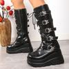 Punk Style Women Boots 10cm Height Increasing Platform Boot High Quality Knee Length Leather Boot Luxury Metal Buckle Women Boot