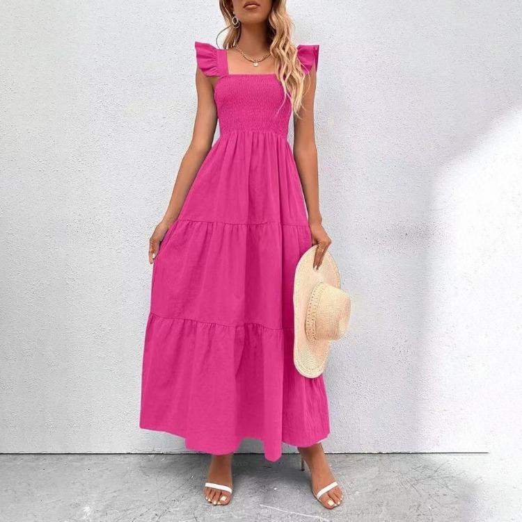 Lässiges A-Linien-Kleid Damen Einfarbig Ärmellos Hohe Taille Knöchellang Eckiger Ausschnitt Herbst Winter