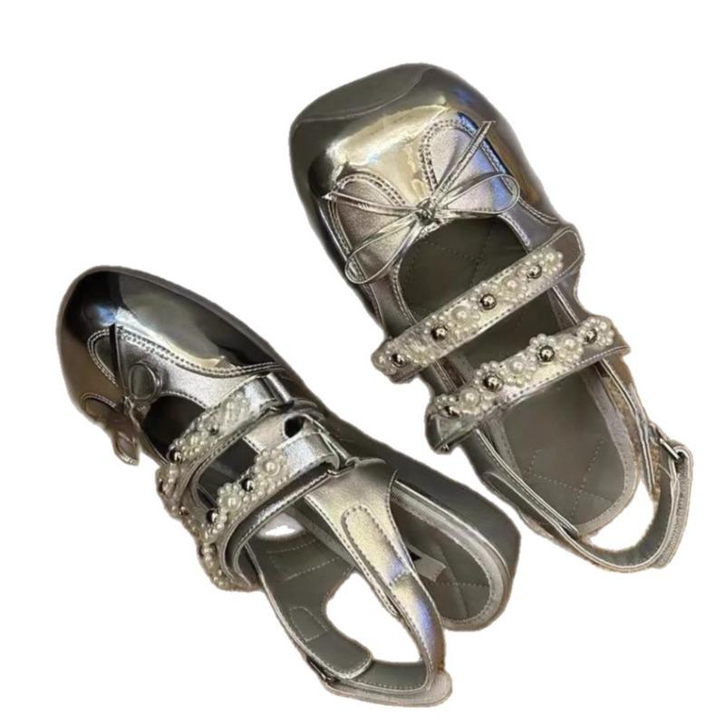 Cowhide version metal ballet Mary Jane shoes empty bag head sandals women's summer new square head single shoes women's