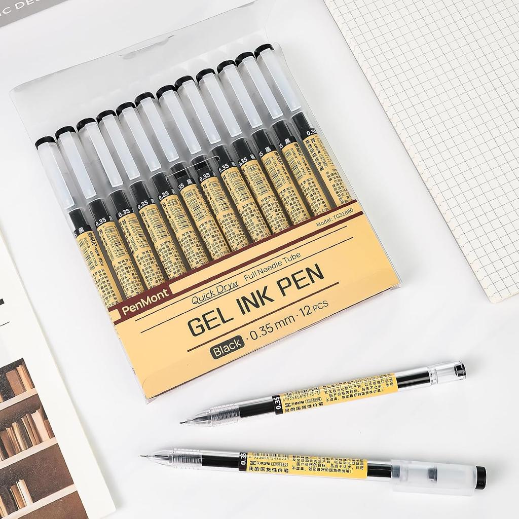 Quick Dry Black Gel Roller Pens, Japanese Style, 0.35mm Extra Fine Point, Precise and smooth writing, 12-Count Pack