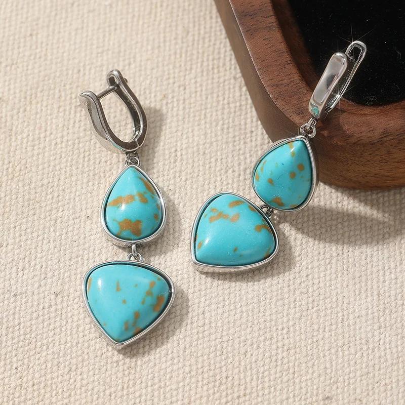 Elegant Teardrop-shaped Synthetic Turquoise Pendant Earrings Women  Exquisite Silvery Plated Dangle Earring Jewelry Gifts