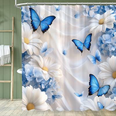 Blue Flowers and Butterflies Shower Curtain Bath Curtain Printed Polyester Floral Bathroom Curtains for Home Decoration Curtain