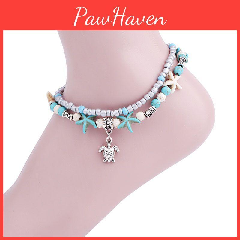 Retro Blue Shell Anklet With Turtle Design For Beach Vacation And Resort