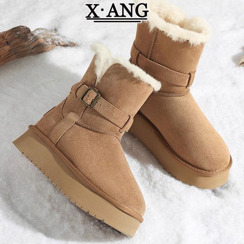Real fur integrated Sangpo thick-soled snow boots women's velvet thickened warm large cotton shoes non-slip short boots