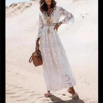 Women's Solid Color Long Sleeve V Neck Elegant Long Lace Dress