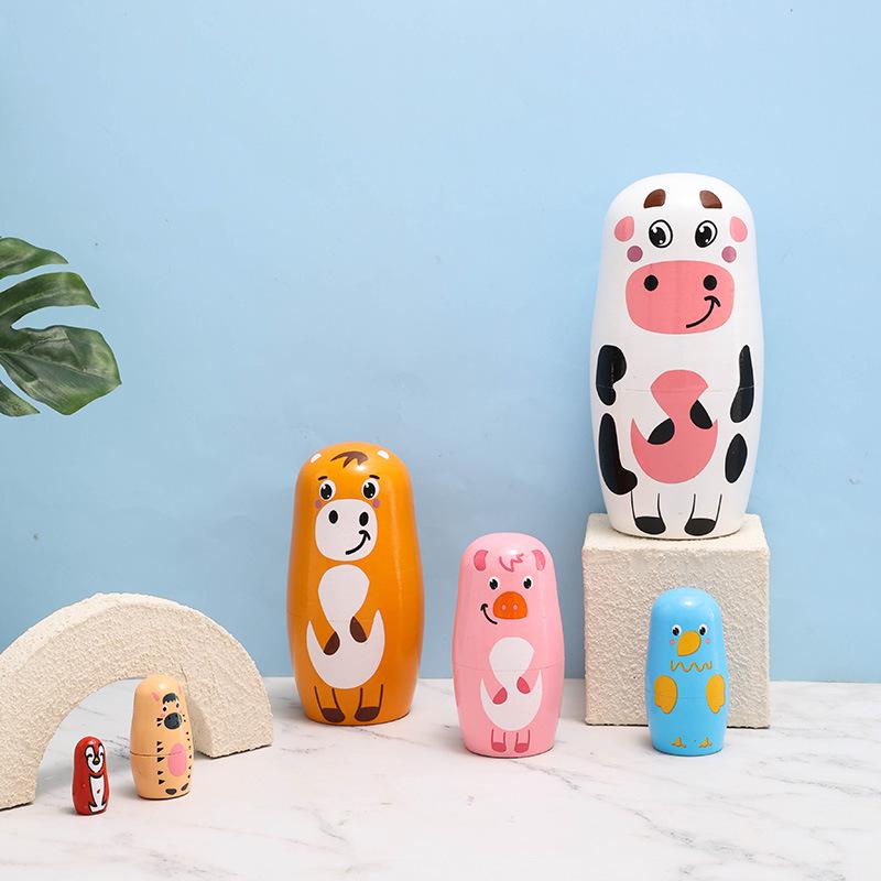Handmade Russian Matryoshka Cow Ornament - Six-Layer Wooden Craft 7.6*7.6*15 CM